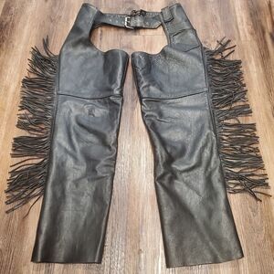 Steer Brand Black Leather Unisex Mens sz Sm Chaps W/ Fringe Cowboy Cowgirl Biker